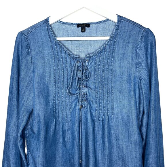 Talbots Blue Chambray Peasant Blouse Womens Small Long Sleeve Boho Top - Picture 6 of 9